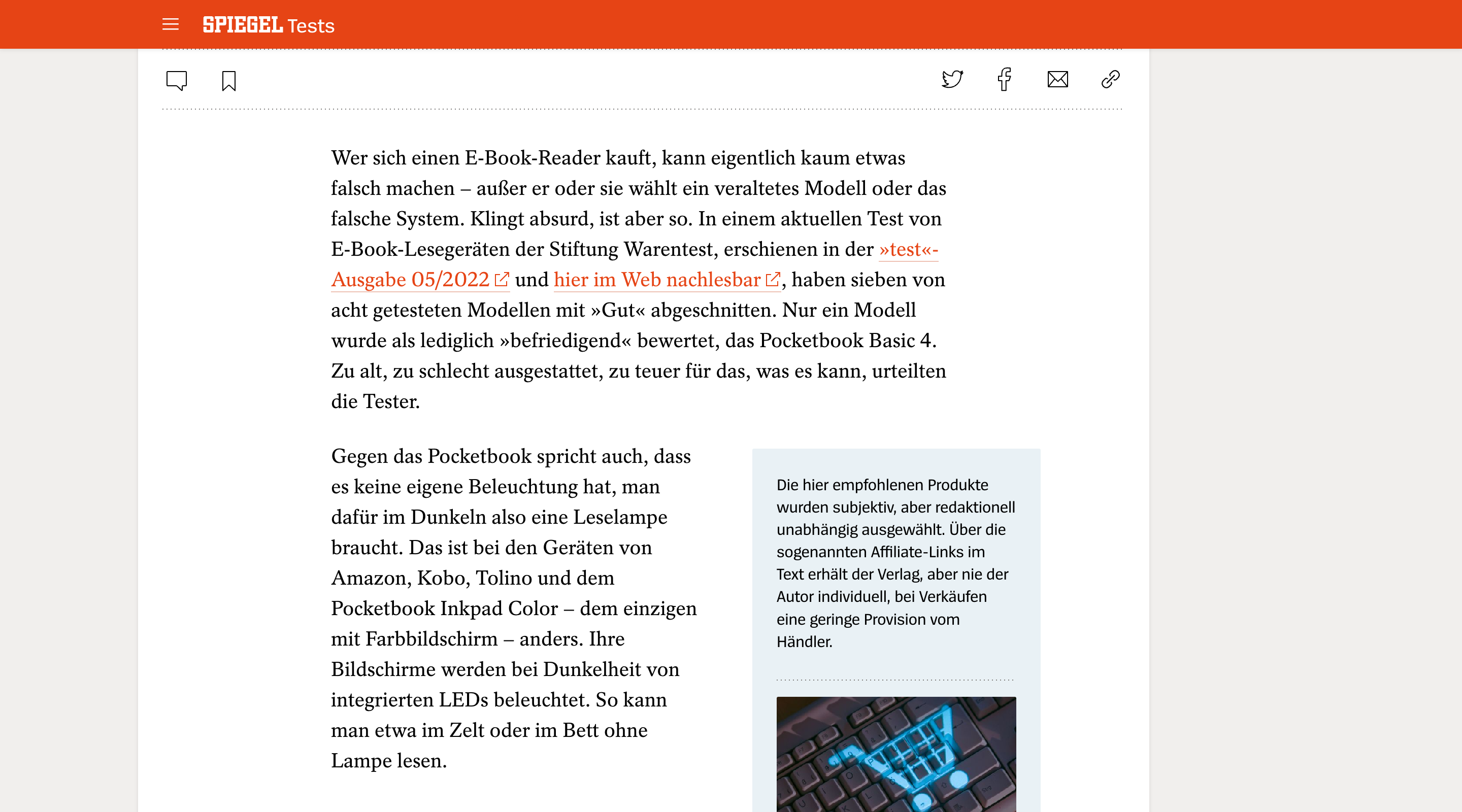 Screenshot of an article on the Der Spiegel website. The header contains a menu button and the Spiegel logo. Above the article text is a row of icons for sharing or bookmarking the article.